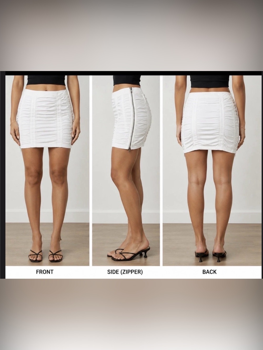 Woman NYC White Ruched Mini Skirt Size 2 Side Zip Stretch Cotton.